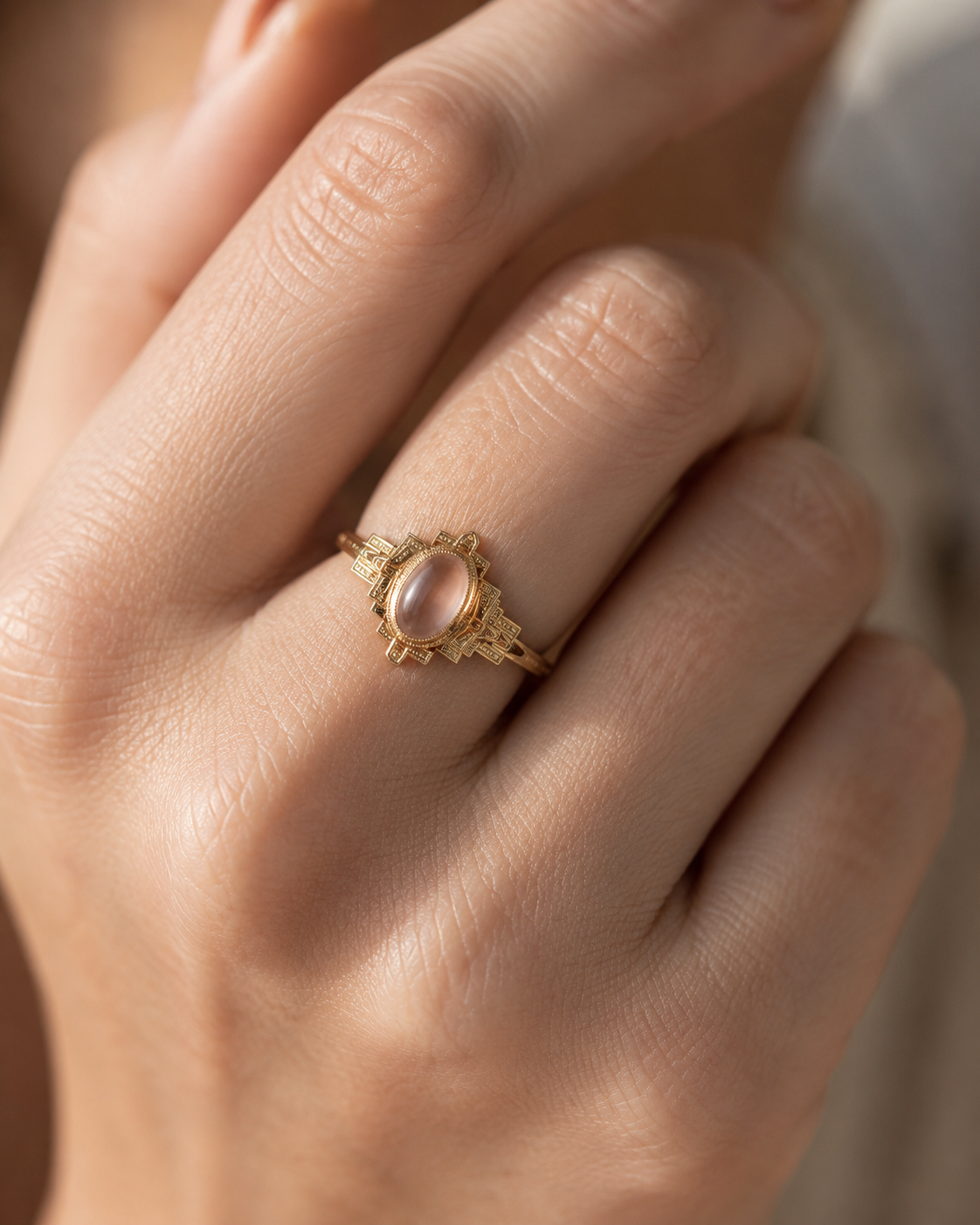 Bague or pierre de lune, style art déco, portée